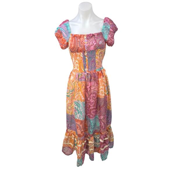 Her Destiny Multicolor Paisley Floral Boho Smocked Puff Sleeve Midi Maxi Dress L - Picture 1 of 6